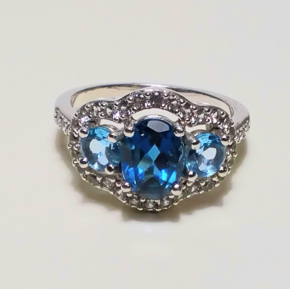 London & Swiss Blue Topaz Ring 925 Silver Sz 7